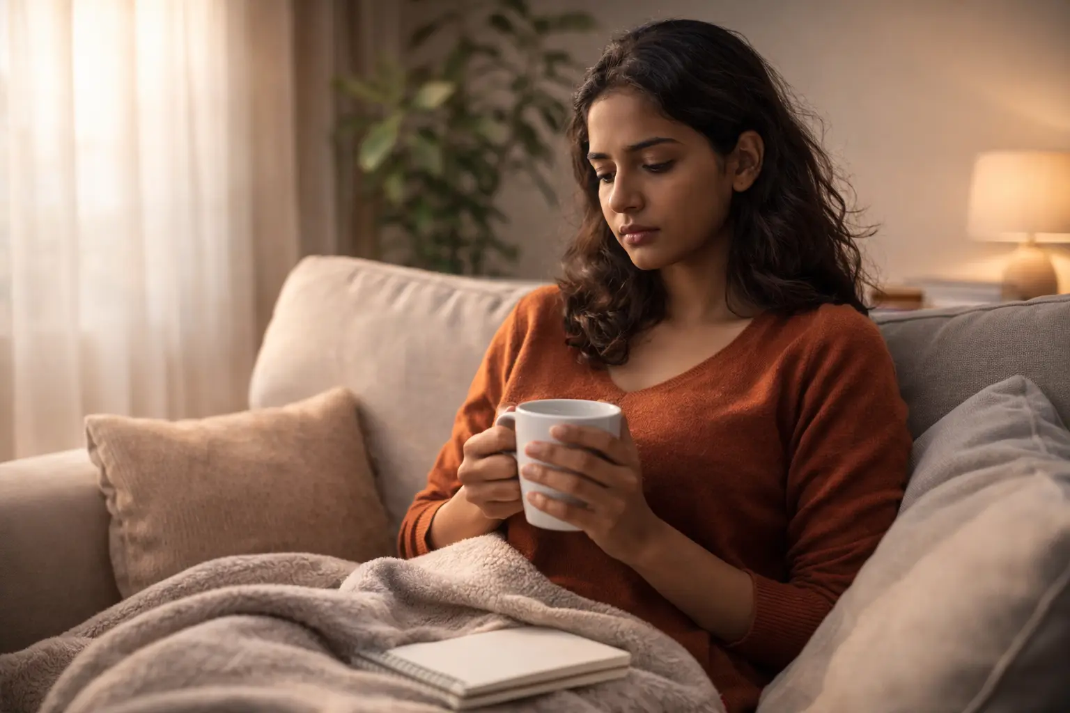 A calm person sitting quietly in natural light, reflecting peacefully, symbolizing small actions to feel better during emotional sadness and mental stress.మనసు విచారంగా ఉన్నప్పుడు చేయాల్సిన 10 చిన్న పనులు.