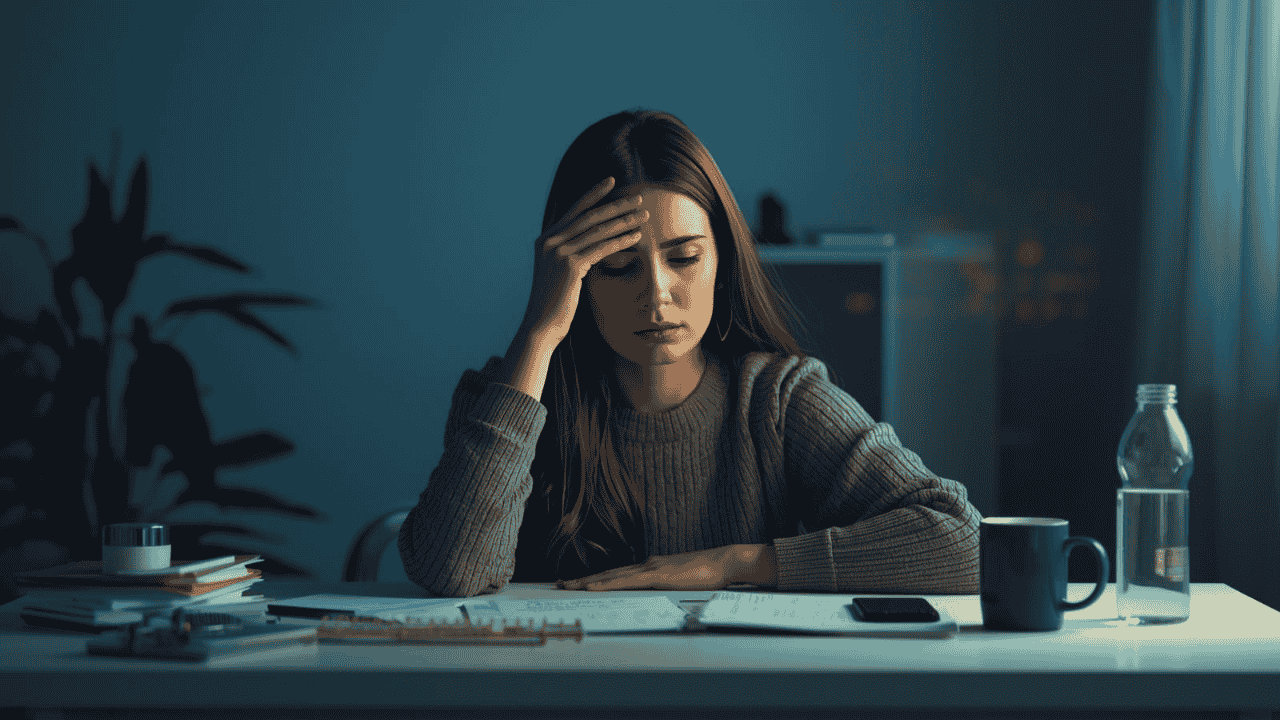 Young woman sitting at a desk looking exhausted and stressed while working at night, symbolizing daily fatigue and overwork.మీరు కూడా రోజంతా అలసిపోతున్నారా? 90% మంది చేసే ఈ 7 తప్పులే కారణం.