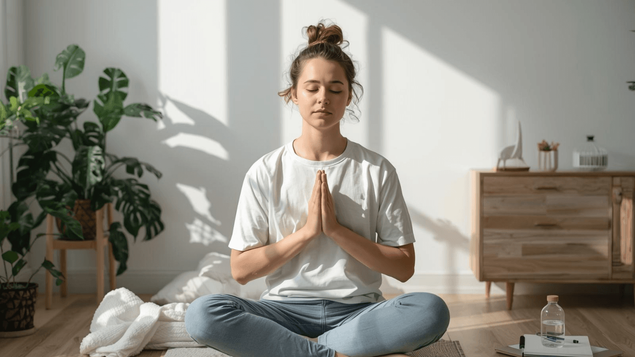 Person practicing quick mental-boosting habits like deep breathing or mindfulness in a calm room to improve mental strength.10 నిమిషాల్లో overthinking ఆపే 7 సింపుల్ టెక్నిక్స్.