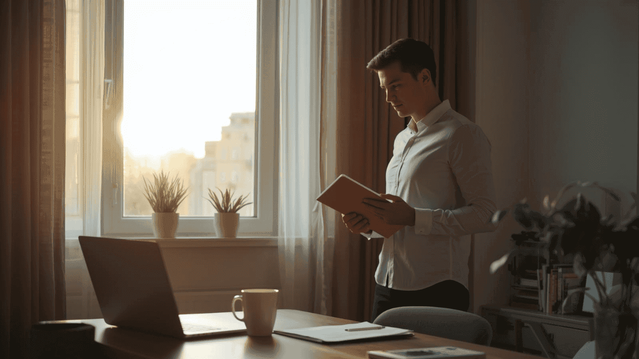 Successful young professional planning the day early in the morning before 8 AM, standing near a sunrise-lit window with a clean workspace.Successful People ఉదయం 8 గంటలకు ముందు చేసే 7 పనులు (నువ్వు చేయడం లేదు).