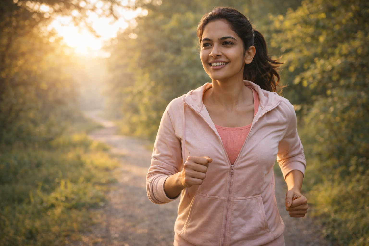 ఆరోగ్యకరమైన జీవితం కోసం 10 సింపుల్ చిట్కాలు – ఇప్పుడే ప్రారంభించండి! A young woman jogging outdoors in natural sunlight, representing a healthy lifestyle, daily exercise, and physical well-being.
