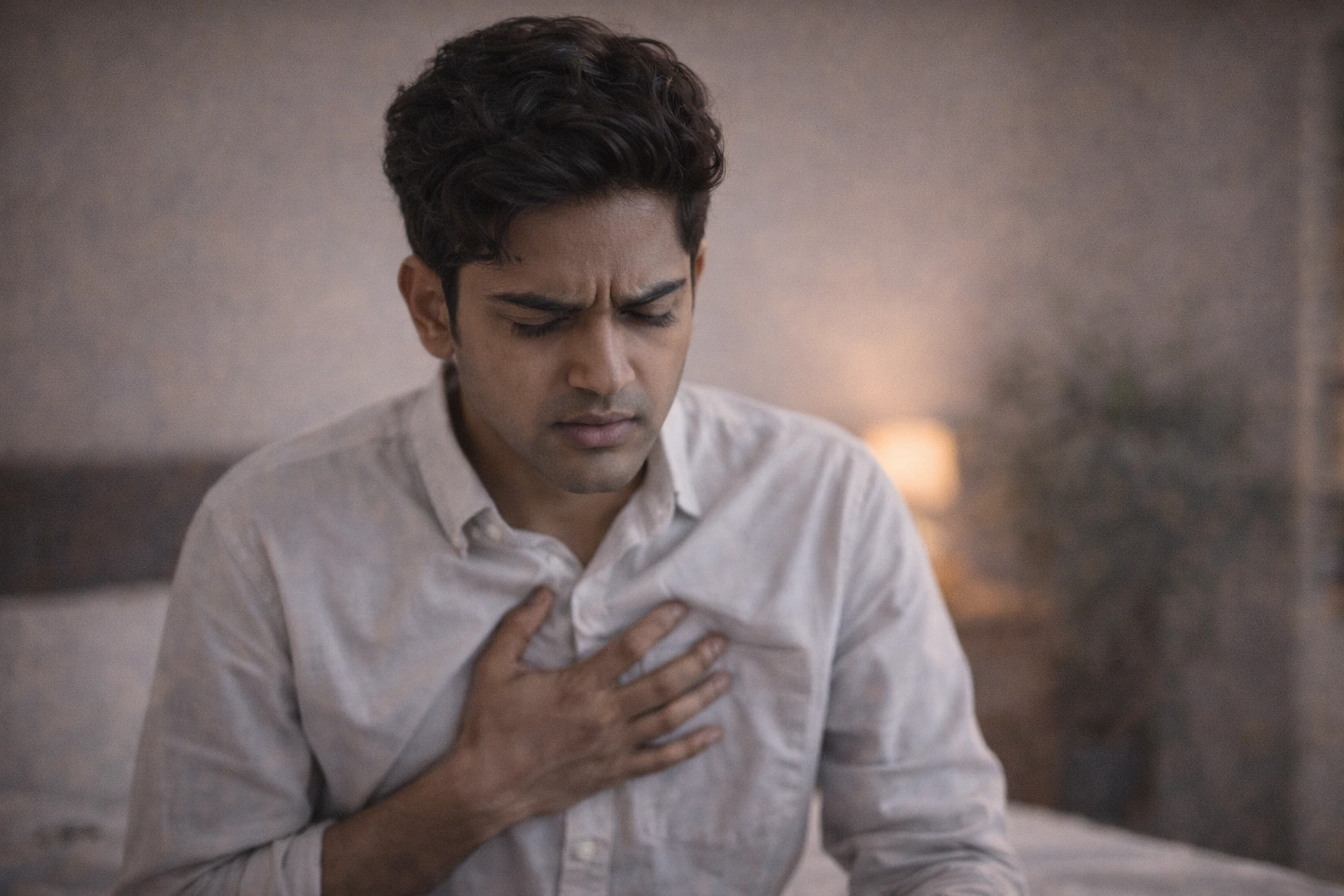 South Asian man holding his chest with a tired and worried expression, representing early warning signs of declining health and stress. మీ ఆరోగ్యం చెడిపోతోందని చెప్పే 10 హెచ్చరిక సంకేతాలు: వీటిని అస్సలు నిర్లక్ష్యం చేయకండి!