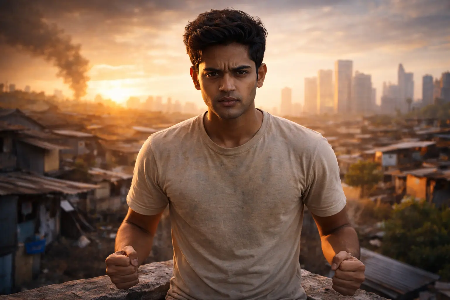 A determined young man standing confidently at sunrise, symbolizing hope, mindset change, and the journey from poverty to success..పేదరికం నుండి బయటపడాలంటే – మార్చుకోవాల్సిన 10 ఆలోచనలు: మీ ఆర్థిక తలరాతను మార్చుకోండి!